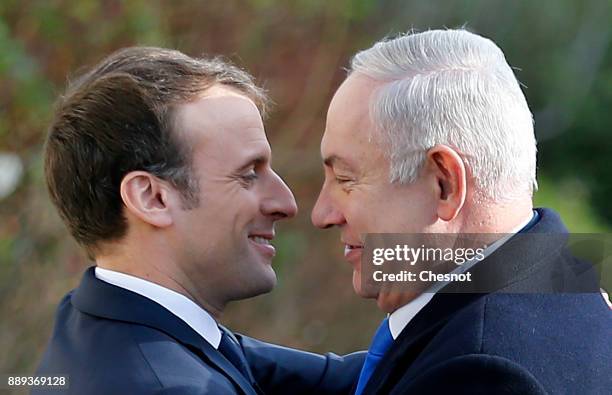 French President, Emmanuel Macron welcomes Israeli Prime Minister Benjamin Netanyahu prior to their meeting at the Elysee Presidential Palace on...