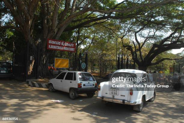 View of Cubbon Park gate and parking area at Karnataka High Court in Bangalore