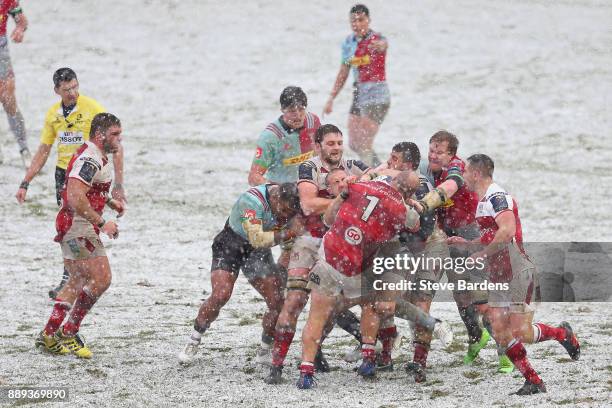 Mike Brown of Harlequins is tackled by Callum Black of Ulster Rugby during the European Rugby Champions Cup match between Harlequins and Ulster Rugby...