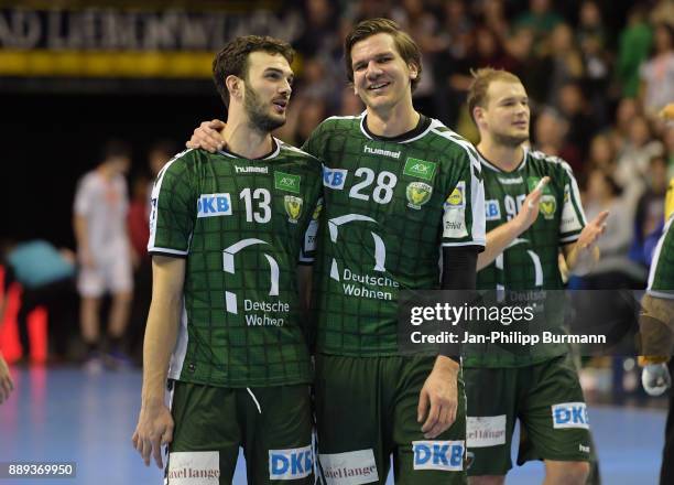 Petar Nenadic and Erik Schmidt of Fuechse Berlin after the game between Fuechse Berlin and dem MT Melsungen on december 10, 2017 in Berlin, Germany.