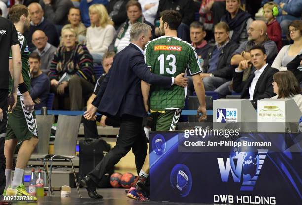 President Frank Steffel and Petar Nenadic of Fuechse Berlin during the game between Fuechse Berlin and dem MT Melsungen on december 10, 2017 in...