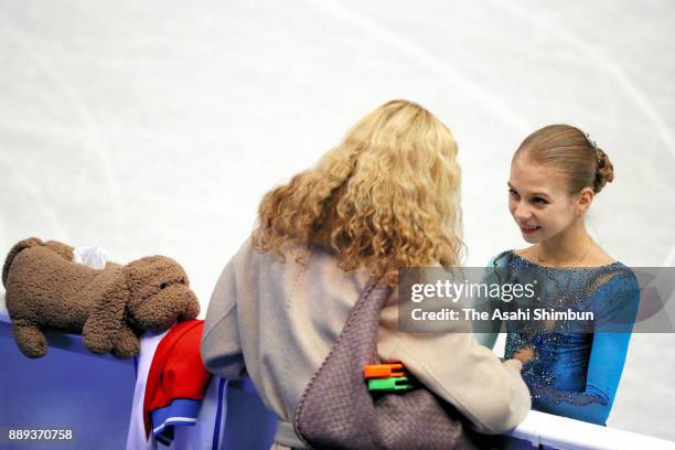 Alexandra Trusova of Russia is seen prior to competing in the Junior Ladies Singles Free Skating during day three of the ISU Junior & Senior Grand...