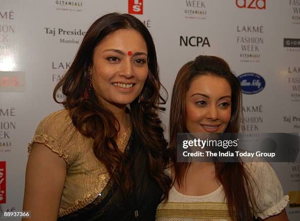 Fashion designer Agnimitra Paul with bollywood actress Minisha Lamba at Lakme Fashion Week Spring Summer-2007 in Mumbai, Maharashtra, India