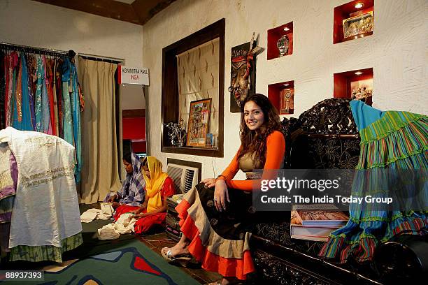 Fashion designer Agnimitra Paul with her outfit at her Studio in Kolkata, West Bengal, India