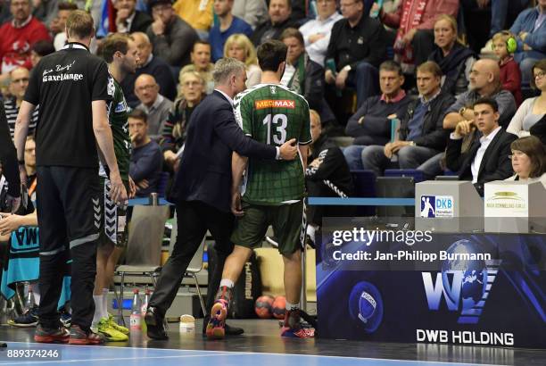 Volker Zerbe, Steffen Faeth, president Frank Steffel and Petar Nenadic of Fuechse Berlin during the game between Fuechse Berlin and dem MT Melsungen...