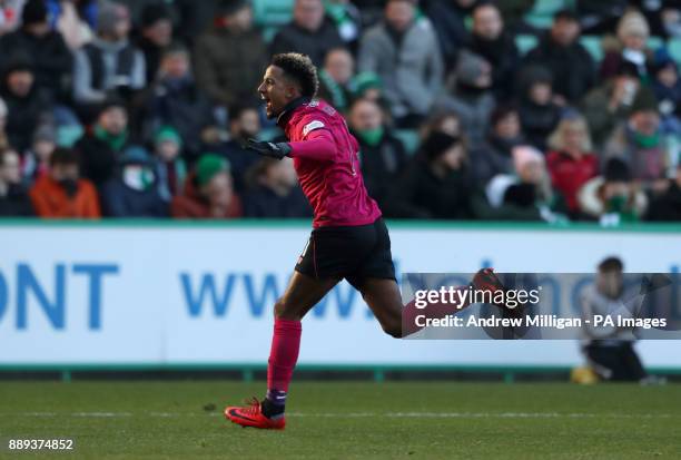 Celtic's Scott Sinclair celebrates scoring his second goal during the Ladbrokes Scottish Premiership match at Easter Road, Edinburgh.