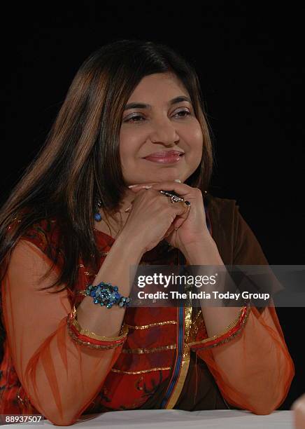 Alka Yagnik, Singer on the sets of Seedhi Baat, a popular TV show aired on Aaj Tak in Mumbai, Maharashtra, India