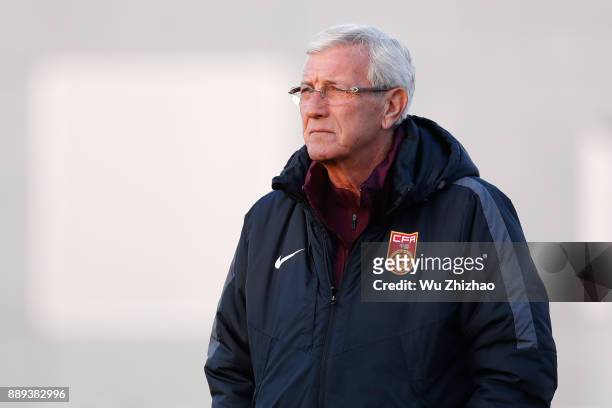 Coach Marcello Lippi of China attends a training session during the 2017 EAFF E-1 Football Championship Final round on December 10, 2017 in Tokyo,...