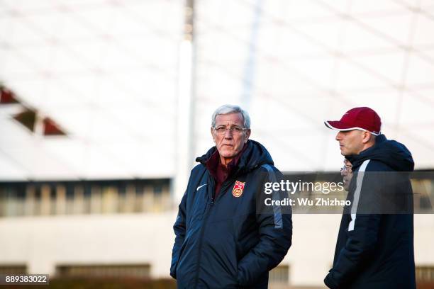 Coach Marcello Lippi of China attends a training session during the 2017 EAFF E-1 Football Championship Final round on December 10, 2017 in Tokyo,...