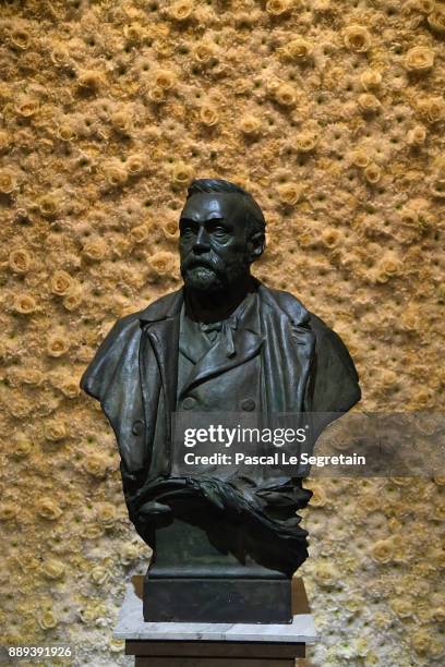 Bust of Alfred Nobel on stage at Concert Hall on December 10, 2017 in Stockholm, Sweden.