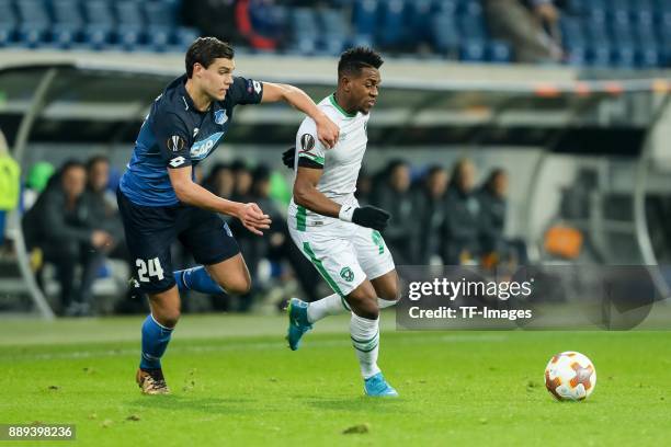 Cicinho of Ludogorets and Virgil Misidjan of Ludogorets battle for the ball during the UEFA Europa League group C match between 1899 Hoffenheim and...