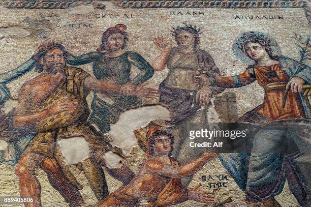 mosaic depicting the scene of apollo and marsyas in the house of aion in in kato paphos, paphos, cyprus - theseus stock pictures, royalty-free photos & images
