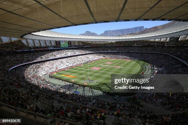 Table Mountain seen during day 2 of the 2017 HSBC Cape Town Sevens at Cape Town Stadium on December 10, 2017 in Cape Town, South Africa.