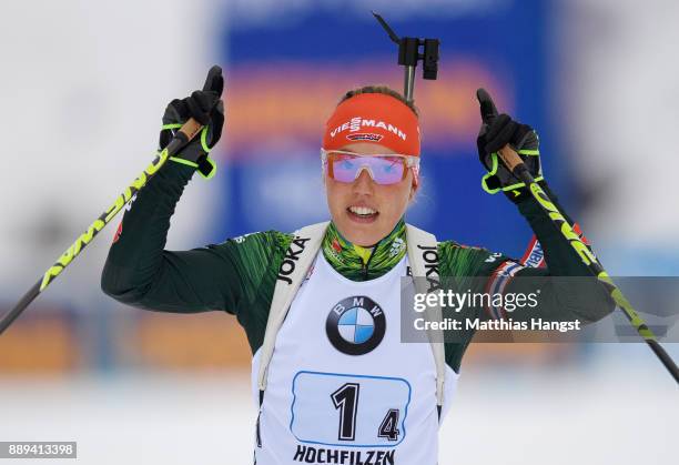 Laura Dahlmeier of Germany celebrates winning the Women's 4x 6km relay competition of the BMW IBU World Cup Biathlon on December 10, 2017 in...