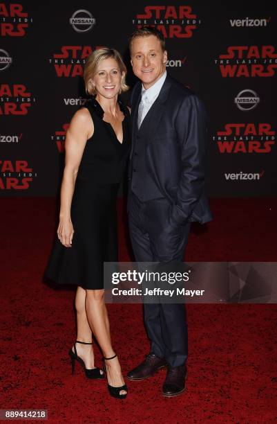 Actor Alan Tudyk and Charissa Barton attend the premiere of Disney Pictures and Lucasfilm's 'Star Wars: The Last Jedi' at The Shrine Auditorium on...