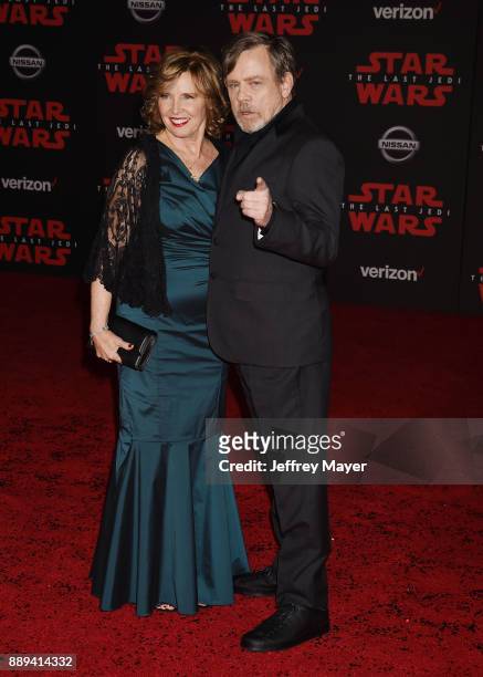 Actor Mark Hamill and Marilou Hamill attend the premiere of Disney Pictures and Lucasfilm's 'Star Wars: The Last Jedi' at The Shrine Auditorium on...