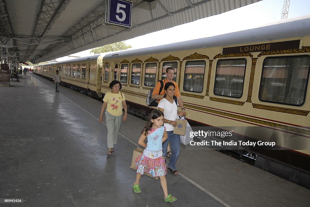 View of Tourism Palace in Rajasthan, India ( Palace on wheels, Railway Station, Train, Foreigners, Tourists )