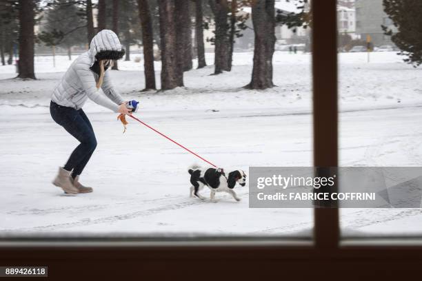 Ski star Lindsey Vonn arrives with her dog Lucy at a press conference after she was appointed ski ambassador of the up coming Lausanne 2020 Youth...