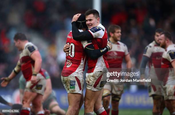 Jacob Stockdale and Christian Lealifano fo Ulster celebrate at the final whistle after their victory in the European Rugby Champions Cup match...