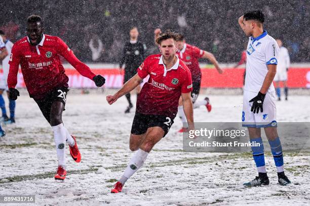 Niclas Fullkrug of Hannover 96 celebrates after scoring his team's first goal to make it 1-0 during the Bundesliga match between Hannover 96 and TSG...