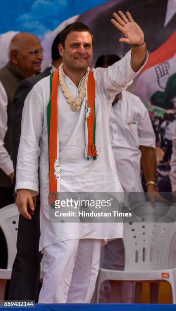 Congress Vice President Rahul Gandhi waves people during an election campaign rally for State Assembly Election at Patan, on December 9, 2017 in...