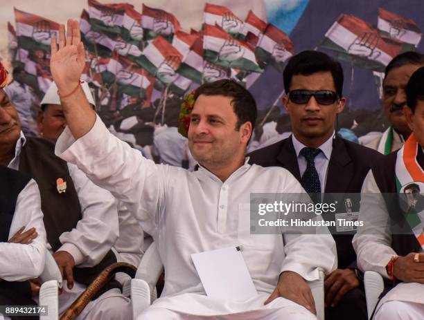 Congress Vice President Rahul Gandhi waves people during an election campaign rally for State Assembly Election at Patan, on December 9, 2017 in...