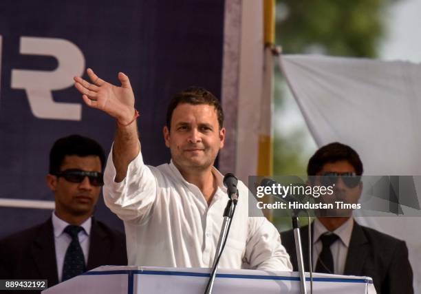 Congress Vice President Rahul Gandhi waves people during an election campaign rally for State Assembly Election at Patan, on December 9, 2017 in...