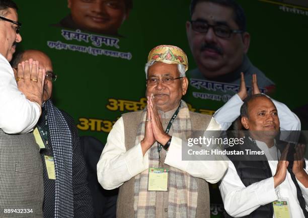 Bihar Chief Minister and JD President Nitish Kumar during the party's Delhi Pradesh Karyakarta at Talkatora Stadium, on December 10, 2017 in New...