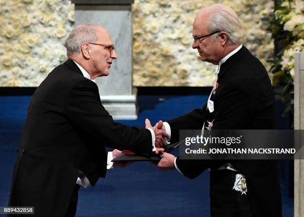 Physicist and Nobel Prize in Physics 2017 laureate Rainer Weiss receives the Nobel Prize in Physics by King Carl XVI Gustaf of Sweden during the...