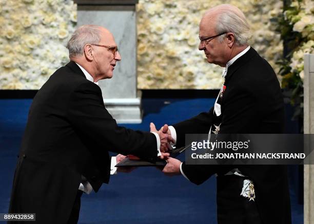 Physicist and Nobel Prize in Physics 2017 laureate Rainer Weiss receives the Nobel Prize in Physics by King Carl XVI Gustaf of Sweden during the...