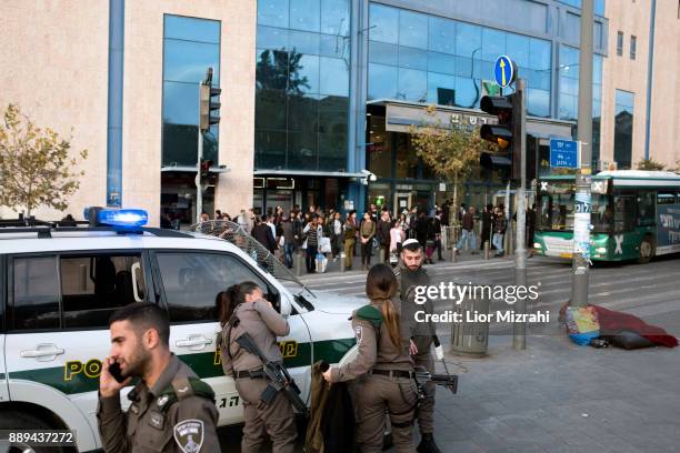 Israeli Border Police officers are seen at the scene of an attack at the Jerusalem Central Bus Station on December 10, 2017 in Jerusalem, Israel. An...