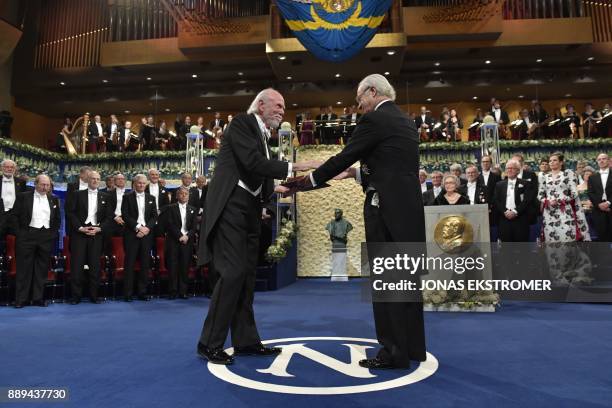 Physicist and Nobel Prize in Physics 2017 laureate Barry C Barish receives his Nobel Prize by King Carl Gustaf of Sweden during the Nobel award...