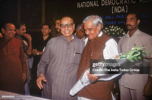 Atal Bihari Vajpayee with former BJP president Kushabhau Thakre at National Democratic Alliance Meet
