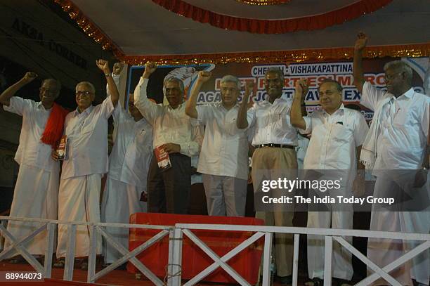 Prakash Karat, General Secretary of the Communist Party of India [CPI] along with D Raja, CPI National Secretary and others at the meeting on...