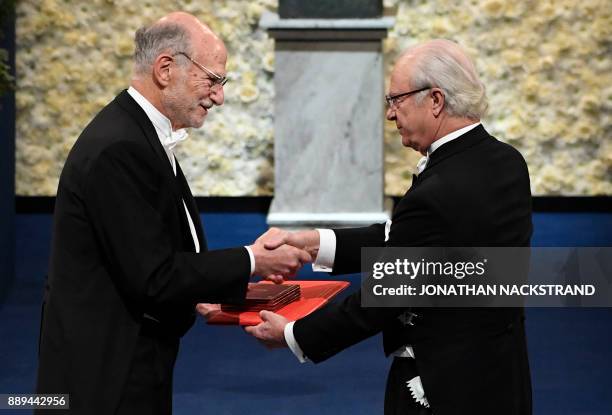 Geneticist and Nobel Prize in Physiology or Medicine 2017 laureate Michael Rosbash receives his Nobel Prize by King Carl XVI Gustaf of Sweden during...