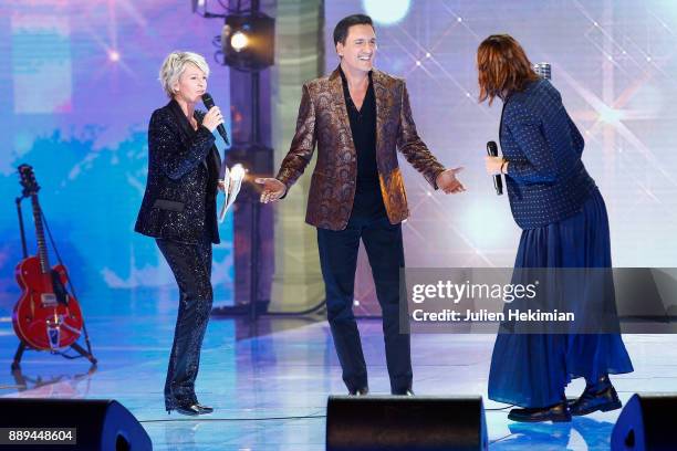 Sophie Davant, Dany Brillant and Zazie perform on stage during the 31st France Television Telethon at Pavillon Baltard on December 9, 2017 in...