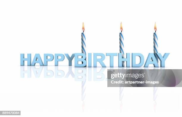 3d text saying happy birthday - blue candle stock-fotos und bilder