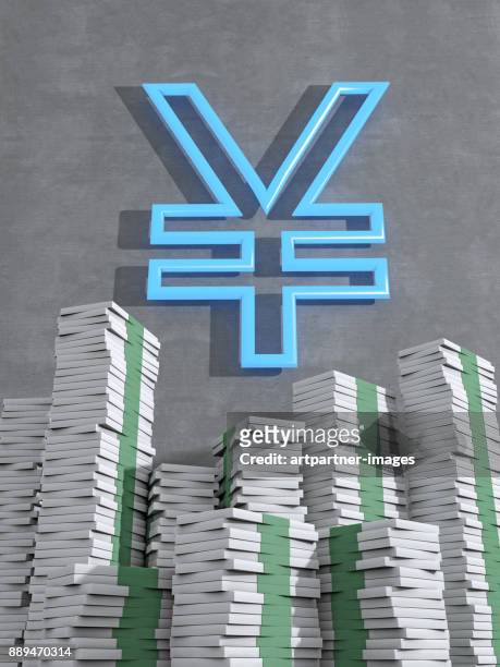 yen sign surrounded by money bundle - heidelberg project stock pictures, royalty-free photos & images