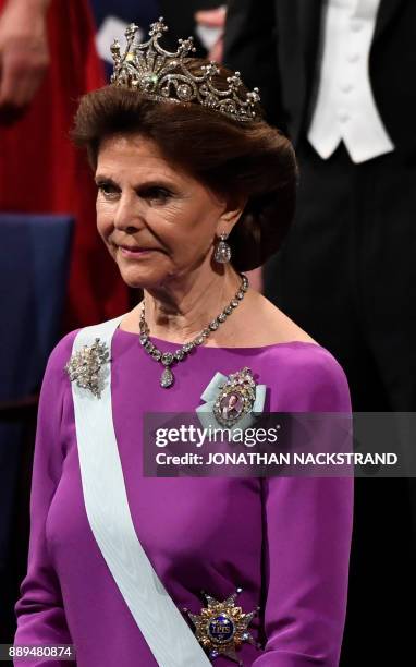 Queen Silvia of Sweden attends the Nobel award ceremony on December 10, 2017 at the Concert Hall in Stockholm, Sweden. / AFP PHOTO / Jonathan...