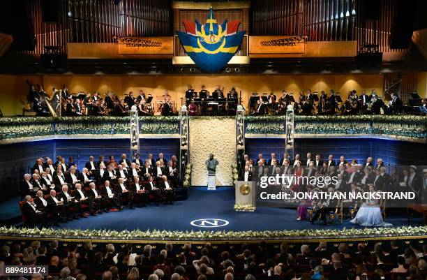 Members of the Swedish Royal Family and Nobel laureates attend the opening of the Nobel award ceremony on December 10, 2017 at the Concert Hall in...