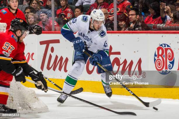 Michael Chaput of the Vancouver Canucks in a NHL game against the Calgary Flames at the Scotiabank Saddledome on December 09, 2017 in Calgary,...