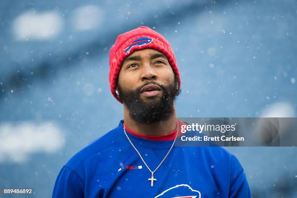 Joe Webb of the Buffalo Bills looks up at fans before a game against Indianapolis Colts on December 10, 2017 at New Era Field in Orchard Park, New...