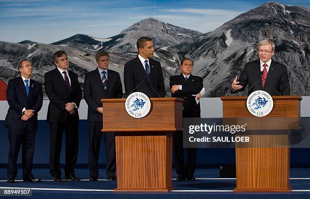 Australian Prime Minister Kevin Rudd speaks alongside Mexican President Felipe Calderon, British Prime Minister Gordon Brown, Canadian Prime Minister...