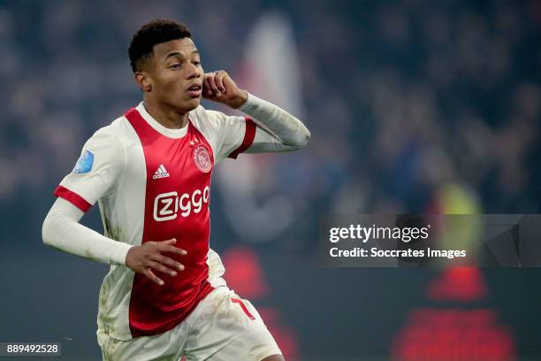 David Neres of Ajax celebrates 1-0 during the Dutch Eredivisie match between Ajax v PSV at the Johan Cruijff Arena on December 10, 2017 in Amsterdam...