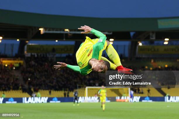 Yacine Bammou of Nantes celebrates after scoring a goal during the Ligue 1 match between Nantes and OGC Nice at Stade de la Beaujoire on December 10,...