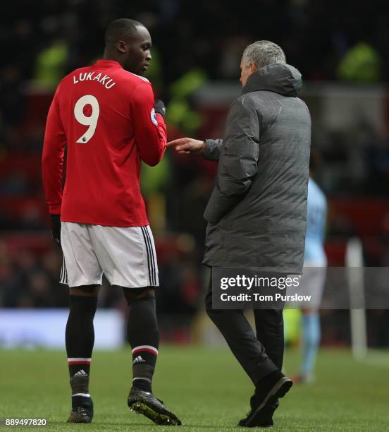 Manager Jose Mourinho of Manchester United speaks to Romelu Lukaku befpre the second half during the Premier League match between Manchester United...