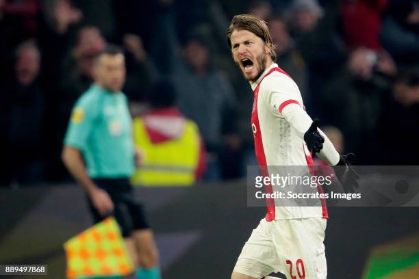 Lasse Schone of Ajax celebrates 2-0 during the Dutch Eredivisie match between Ajax v PSV at the Johan Cruijff Arena on December 10, 2017 in Amsterdam...
