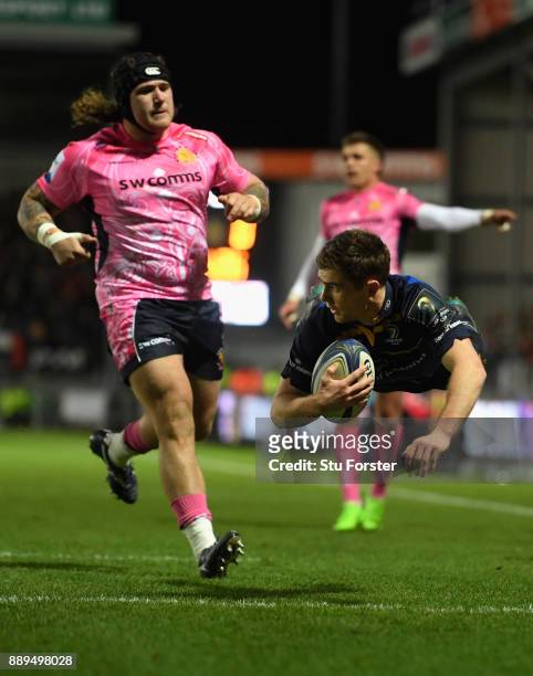Leinster scrum half Luke McGrath dives over the line but the try is over turned during the European Rugby Champions Cup match between Exeter Chiefs...