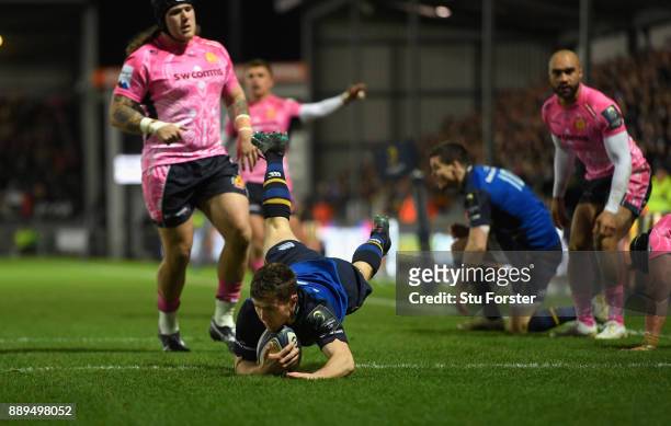 Leinster scrum half Luke McGrath dives over the line but the try is over turned during the European Rugby Champions Cup match between Exeter Chiefs...