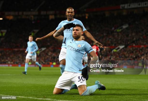 Nicolas Otamendi of Manchester City celebrates scoring the 2nd Manchester City goal with Fernandinho during the Premier League match between...